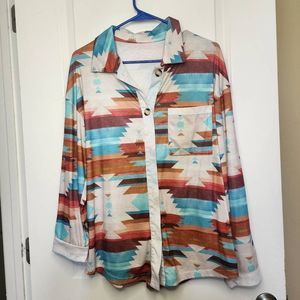 Women's Button Up Shirt Top Aztec Long Sleeve Ethnic Pocket Blue Brown Medium